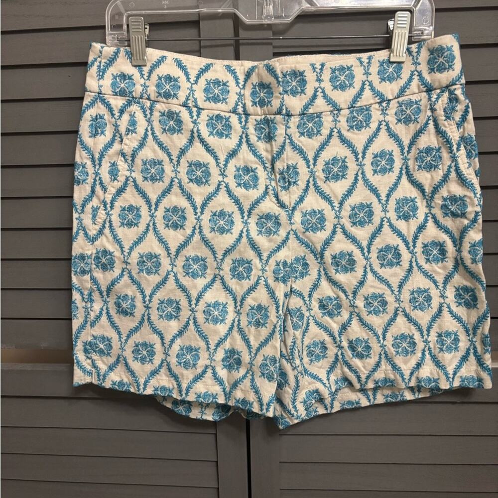 LOFT Off White Linen Turquoise Floral Embroidered Patterned Women's Shorts Sz 4